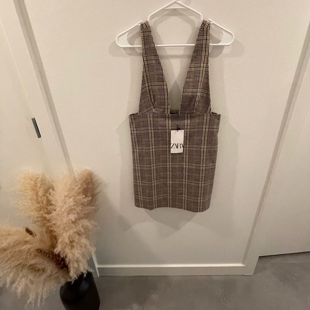 ZARA BROWN/NEUTRAL PLAID PINAFORE/OVERALL DRESS: